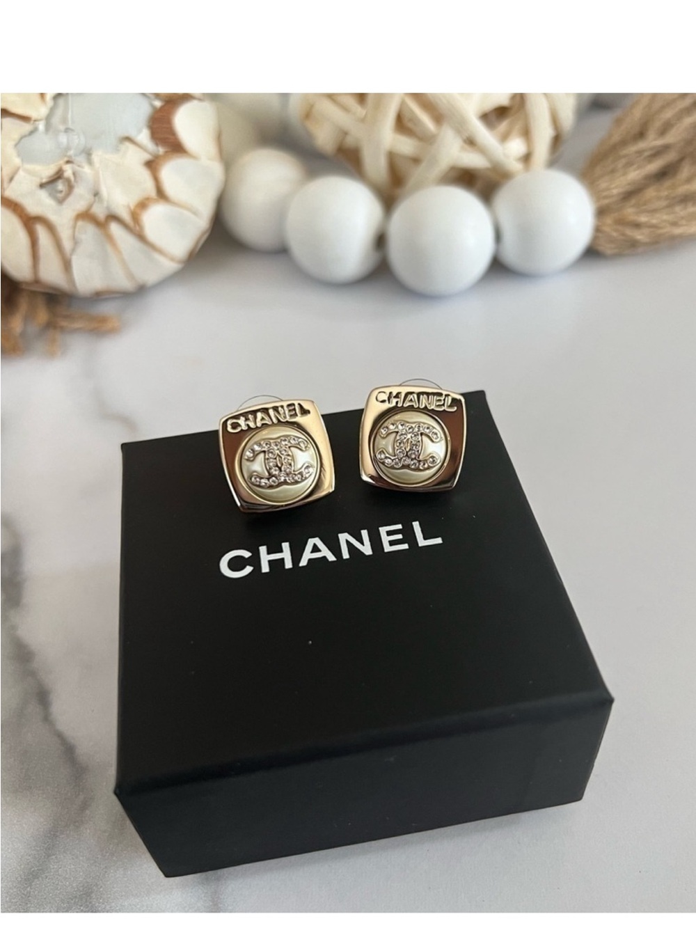 CHANEL Gold-Tone Square CC Logo Stud Earrings